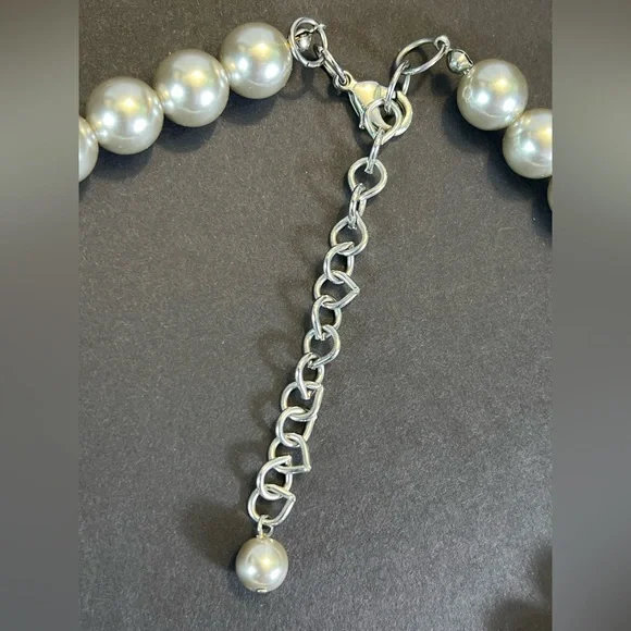 New Satin Silver Multi Layer Necklace with Cascading Faux Pearls - Picture 4 of 6